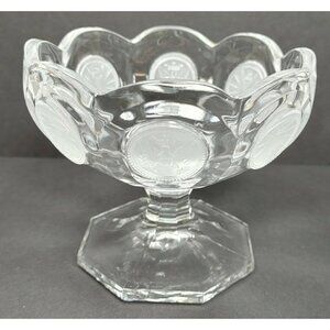 Fostoria Frosted Glass Clear Eagle 1886 Coin Dot Pedestal Compote Candy Bowl VTG